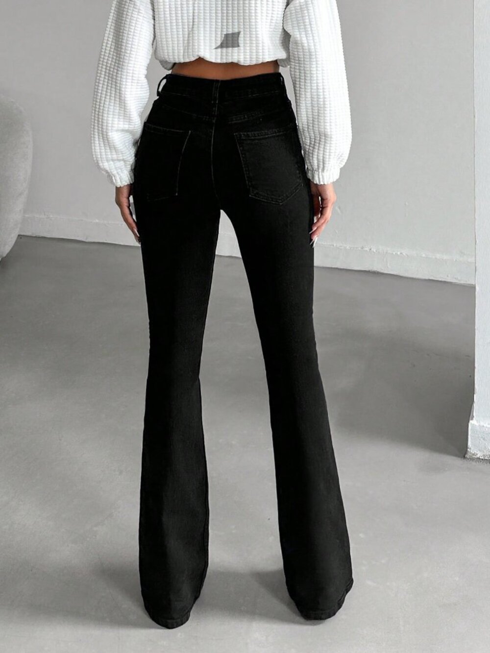 Black Casual Women's High Waist Flare Leg Jeans - Picture 2 of 5